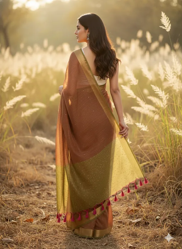 Copper_Brown_With_Olive-Golden_Pallu_Handwoven_Linen_Saree_For_Women