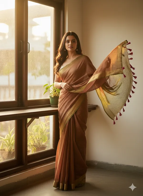 Copper_Brown_With_Olive-Golden_Pallu_Handwoven_Linen_Saree_For_Women