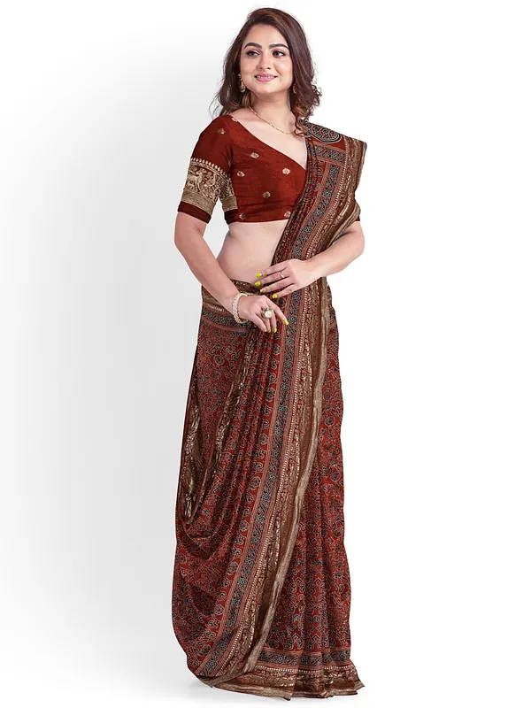 Rust_Red_Swarna_Raga_Ajrakh_Dola_Silk_Saree_For_Women