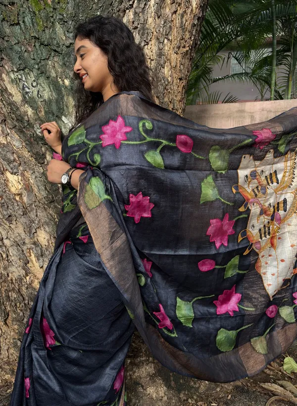 Kala_Kamal_Deep_Black_Tussar_silk_Pichwai_Hanpainted_along_with_Kantha_Work