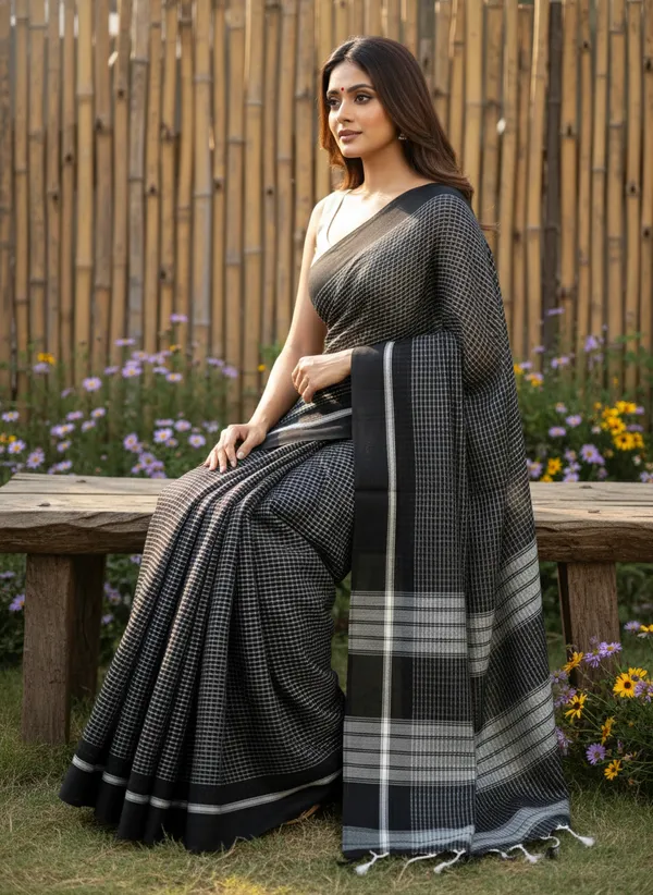 Black_Monochrome_Grid_Mul_Cotton_Saree_For_Women