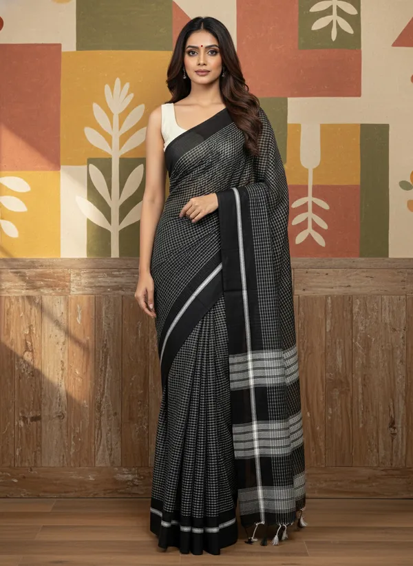 Black_Monochrome_Grid_Mul_Cotton_Saree_For_Women