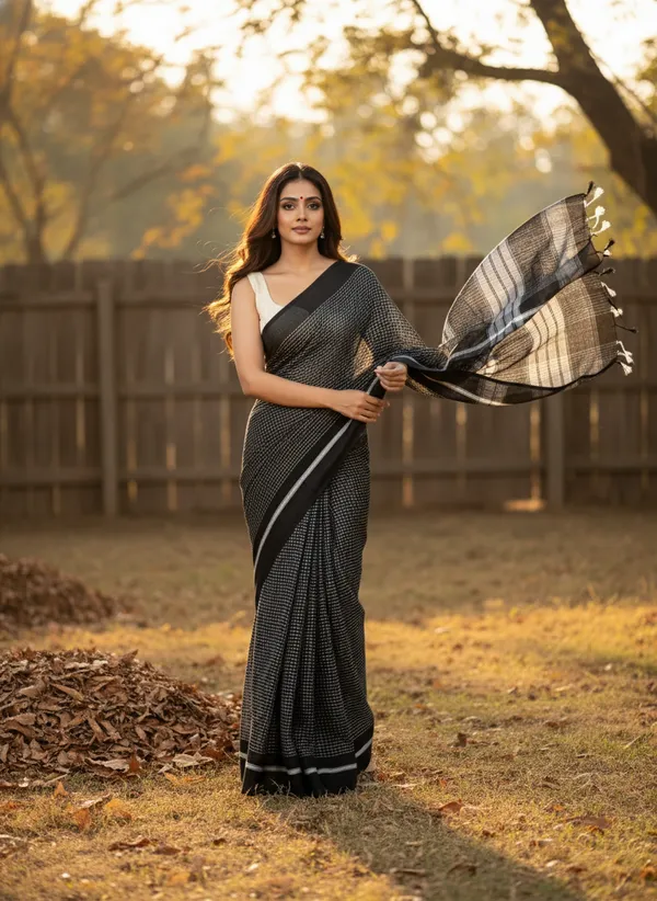 Black_Monochrome_Grid_Mul_Cotton_Saree_For_Women