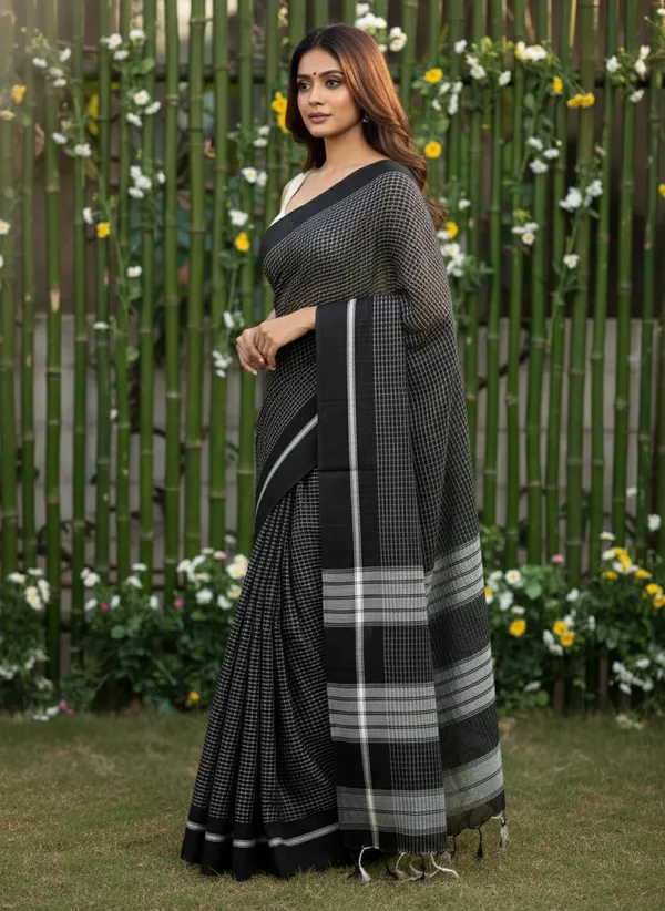 Black_Monochrome_Grid_Mul_Cotton_Saree_For_Women