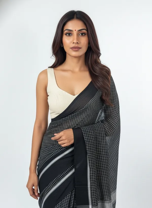 Black_Monochrome_Grid_Mul_Cotton_Saree_For_Women