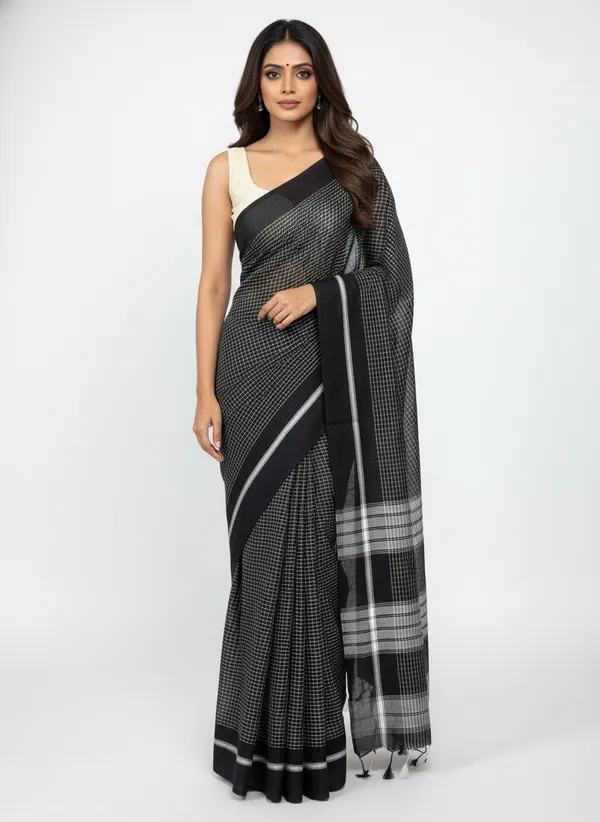 Black_Monochrome_Grid_Mul_Cotton_Saree_For_Women