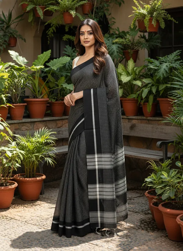 Black_Monochrome_Grid_Mul_Cotton_Saree_For_Women