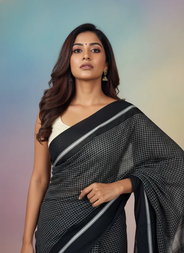 Black_Monochrome_Grid_Mul_Cotton_Saree_For_Women