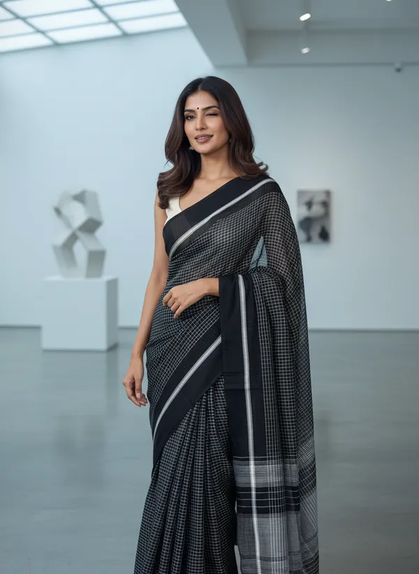 Black_Monochrome_Grid_Mul_Cotton_Saree_For_Women