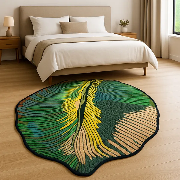 Green_And_Black_Premium_Textu_Tropical_Leaf_Design_Handmade_Wool_Rug_For_Home_Decor