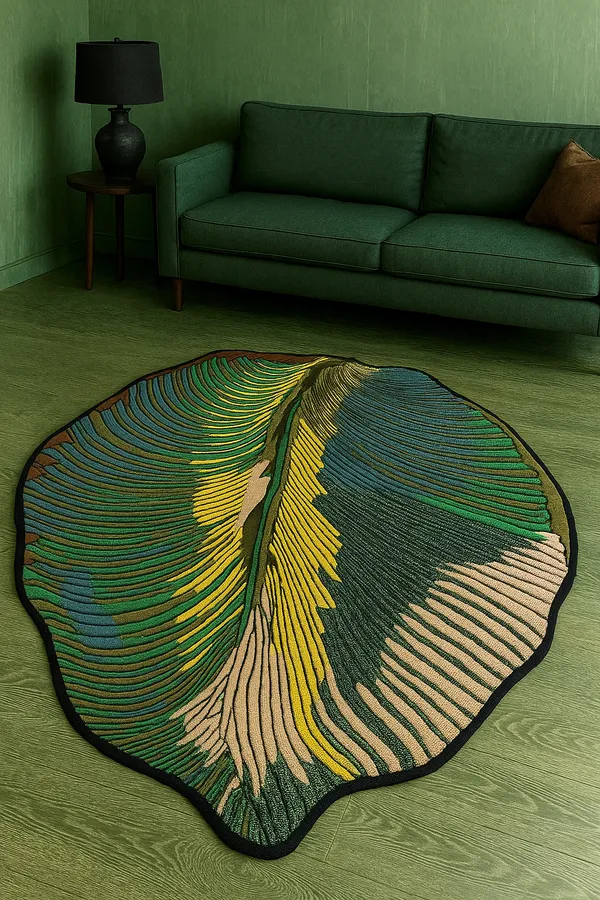 Green_And_Black_Premium_Textu_Tropical_Leaf_Design_Handmade_Wool_Rug_For_Home_Decor