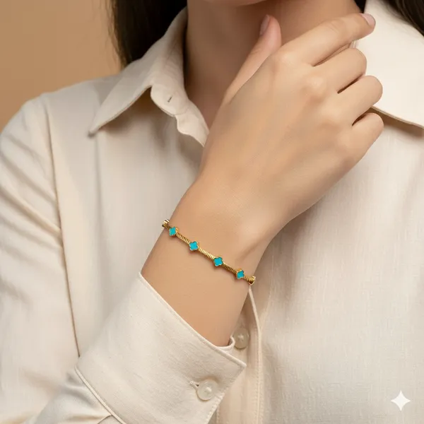 Gold_Premium__Plated_Turquoise_Clover_Bracelet_For_Women
