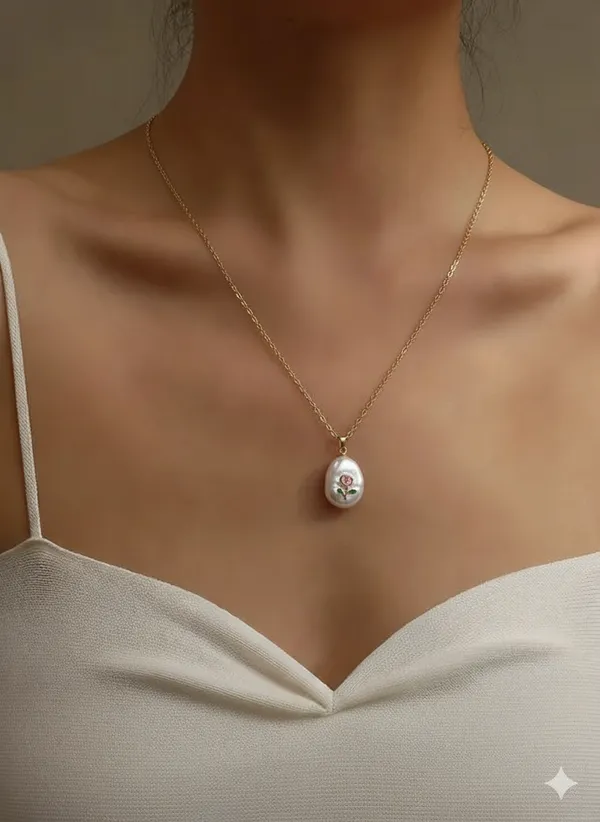 White_&_Gold_Premium_Hand-Painted_Rose_Pearl_Necklace_For_Women