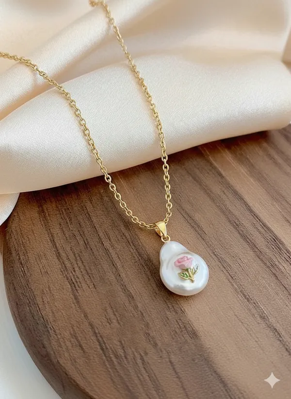 White_&_Gold_Premium_Hand-Painted_Rose_Pearl_Necklace_For_Women