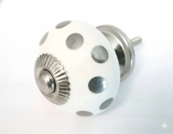White_Silver_Polka_Dot_Ceramic_Knob_(Pack_Of_6)_(4.5L_X_4.5B_X_7H_Cm)