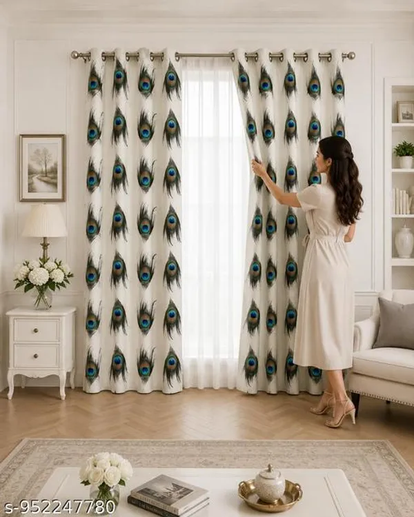 Multicolor_Polycotton_Modern_Peacock_Feather_Print_Eyelet_Door_Curtain
