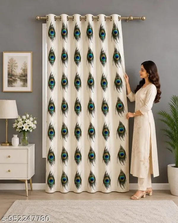 Multicolor_Polycotton_Modern_Peacock_Feather_Print_Eyelet_Door_Curtain
