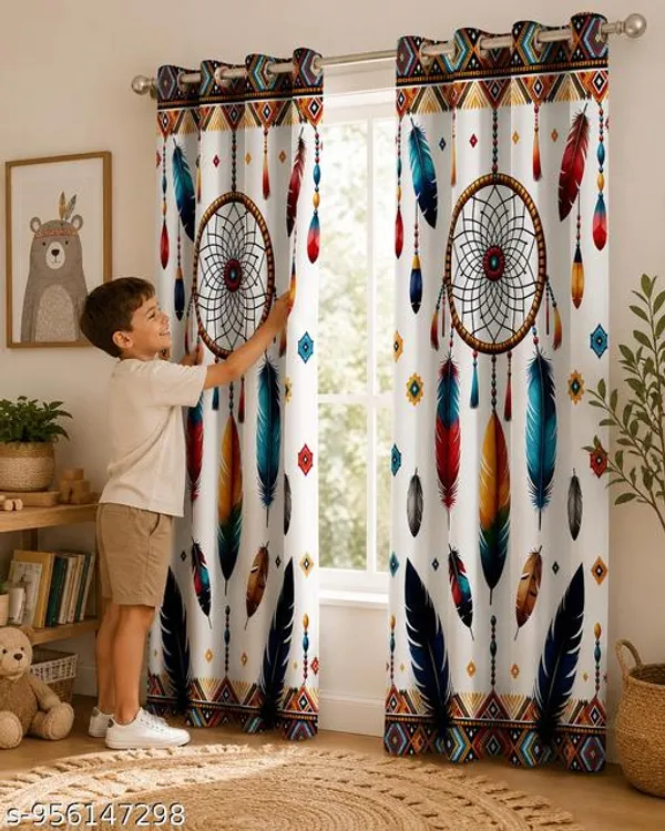 Multicolor_Polycotton_Bohemian_Dreamcatcher_Feather_Print_Eyelet_Door_Curtain