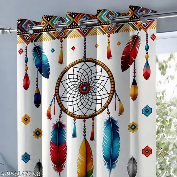 Multicolor_Polycotton_Bohemian_Dreamcatcher_Feather_Print_Eyelet_Door_Curtain
