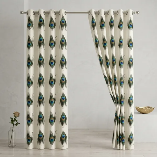 Multicolor_Polycotton_Modern_Peacock_Feather_Print_Eyelet_Door_Curtain