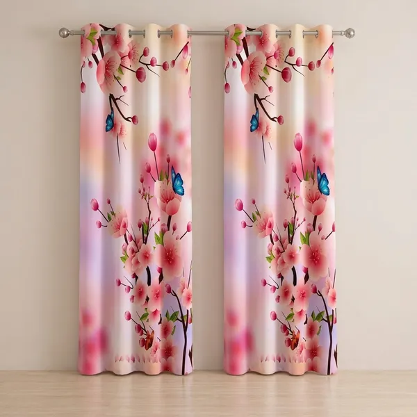 Multicolor_Polycotton_Blackout_Cherry_Blossom_Butterfly_Print_Curtain