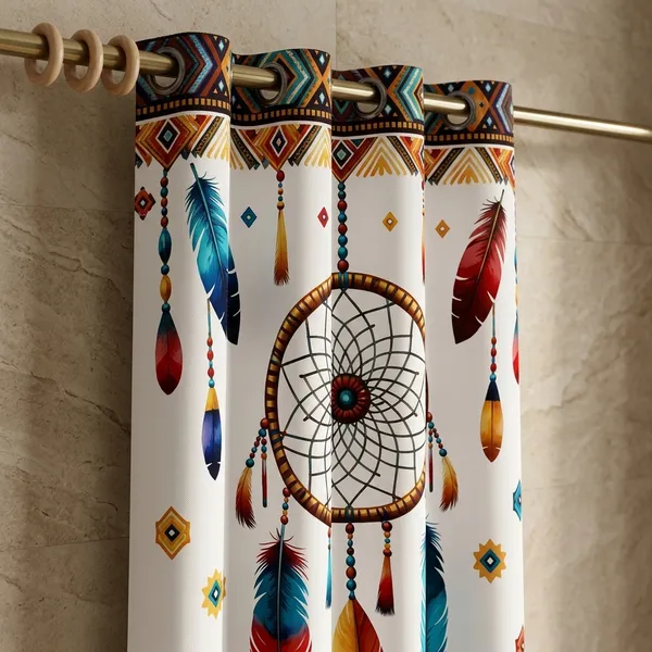 Multicolor_Polycotton_Bohemian_Dreamcatcher_Feather_Print_Eyelet_Door_Curtain