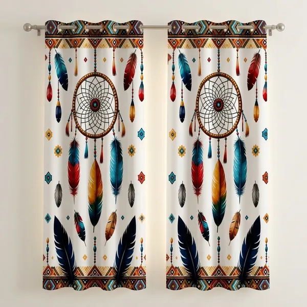 Multicolor_Polycotton_Bohemian_Dreamcatcher_Feather_Print_Eyelet_Door_Curtain