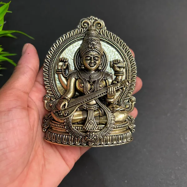 Golden_Finish_Pure_Brass_Saraswati_Statue_Wall_Hanging_(4_Inch)