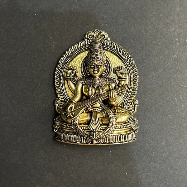 Golden_Finish_Pure_Brass_Saraswati_Statue_Wall_Hanging_(4_Inch)