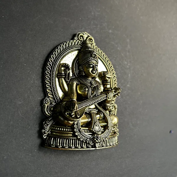 Golden_Finish_Pure_Brass_Saraswati_Statue_Wall_Hanging_(4_Inch)