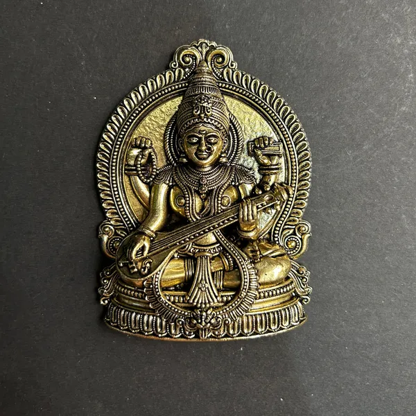 Golden_Finish_Pure_Brass_Saraswati_Statue_Wall_Hanging_(4_Inch)