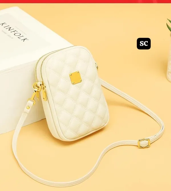 Cream_White_Pu_Leather_Sling_Bag_Crossbody_Mobile_Pouch_With_3_Compartments_&_Adjustable_Strap_Stylish_Small_Shoulder_Bag_For_Women