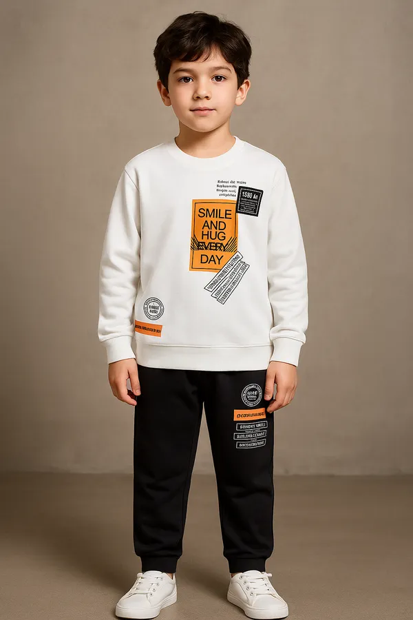 White_Smile_And_Hug_Every_Day_T-Shirt_Trendy_Top_And_Bottom_Set_For_Boys