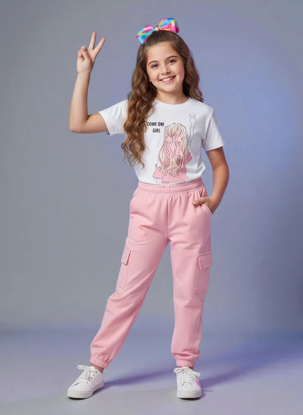 White_Come_On_Girls_T-Shirt_Joggers_Trendy_Top_And_Bottom_Set_For_Girls