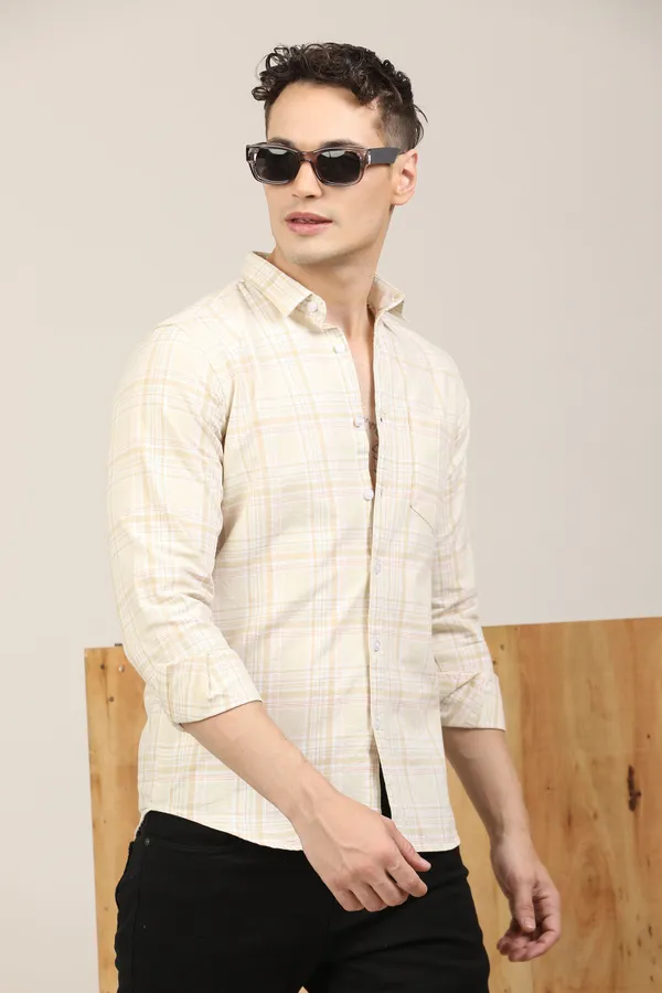 Cream_Premium_Cotton_Blend_Checkered_Shirt_For_Men