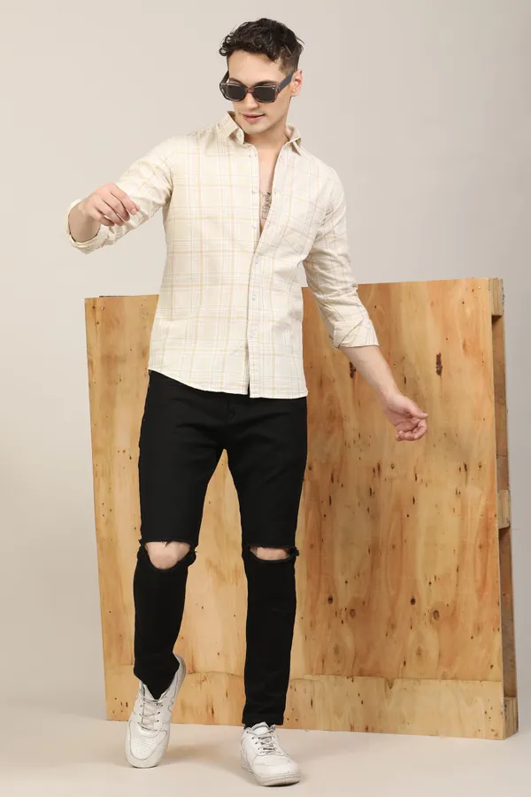 Cream_Premium_Cotton_Blend_Checkered_Shirt_For_Men