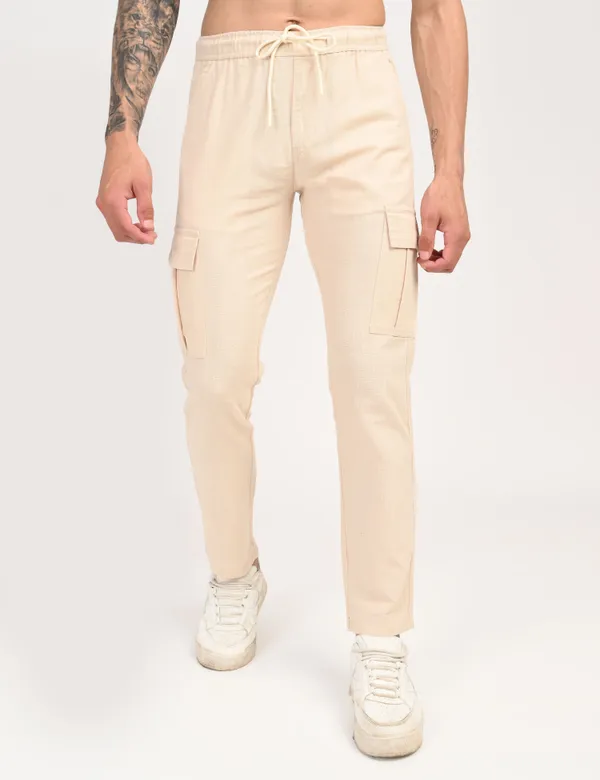 Beige_Premium_Linen_Solid_Cargo_For_Men