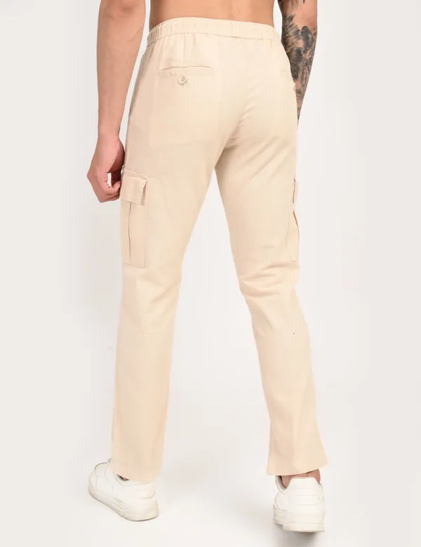 Beige_Premium_Linen_Solid_Cargo_For_Men