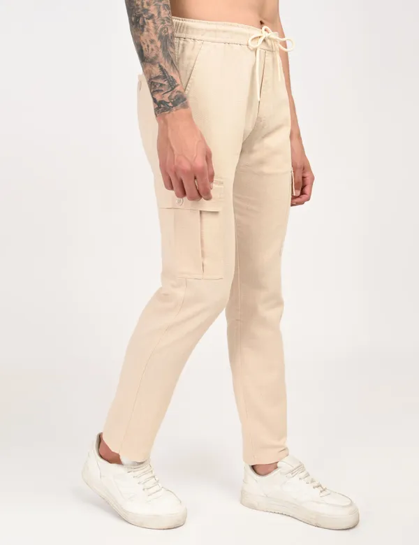 Beige_Premium_Linen_Solid_Cargo_For_Men