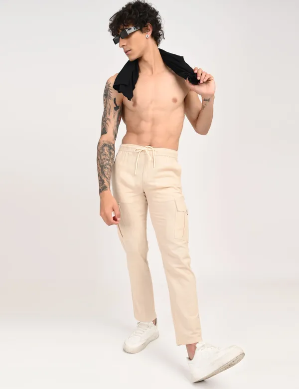 Beige_Premium_Linen_Solid_Cargo_For_Men