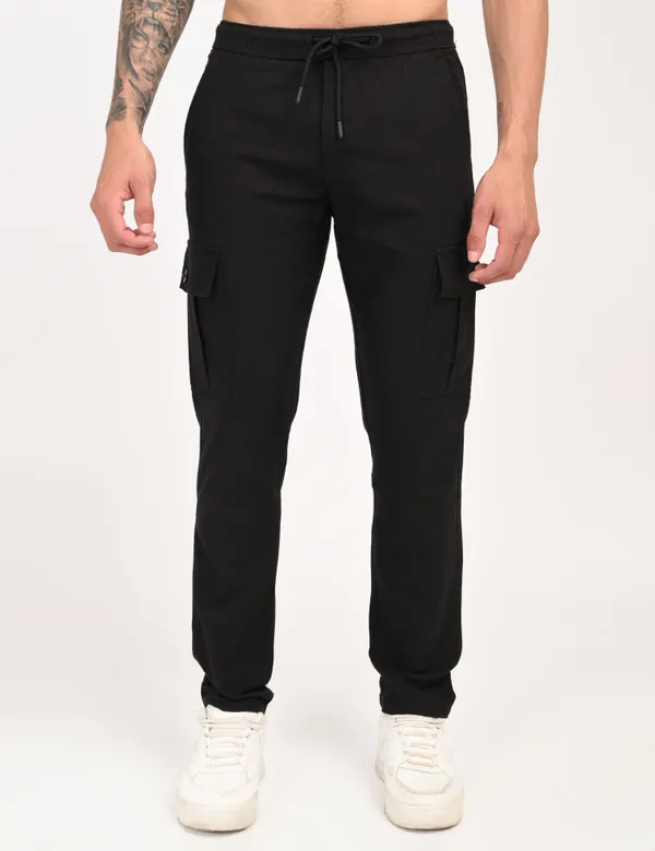 Black_Premium_Linen_Solid_Cargo_For_Men