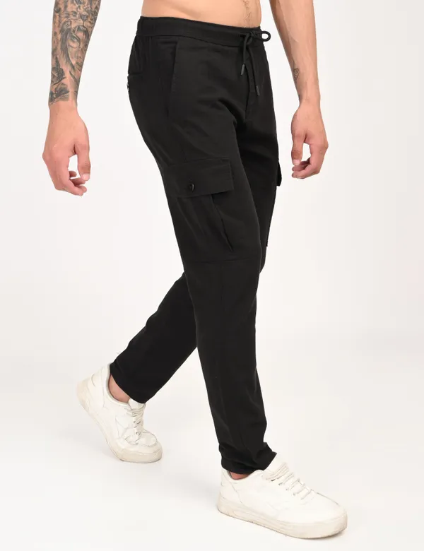 Black_Premium_Linen_Solid_Cargo_For_Men