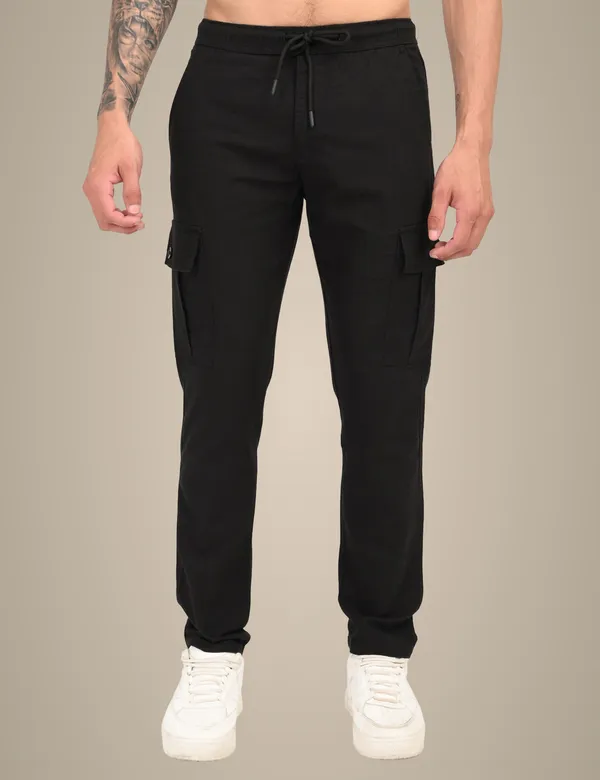 Black_Premium_Linen_Solid_Cargo_For_Men