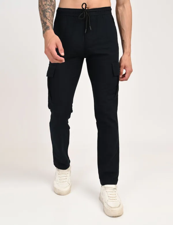 Black_Premium_Linen_Solid_Cargo_For_Men