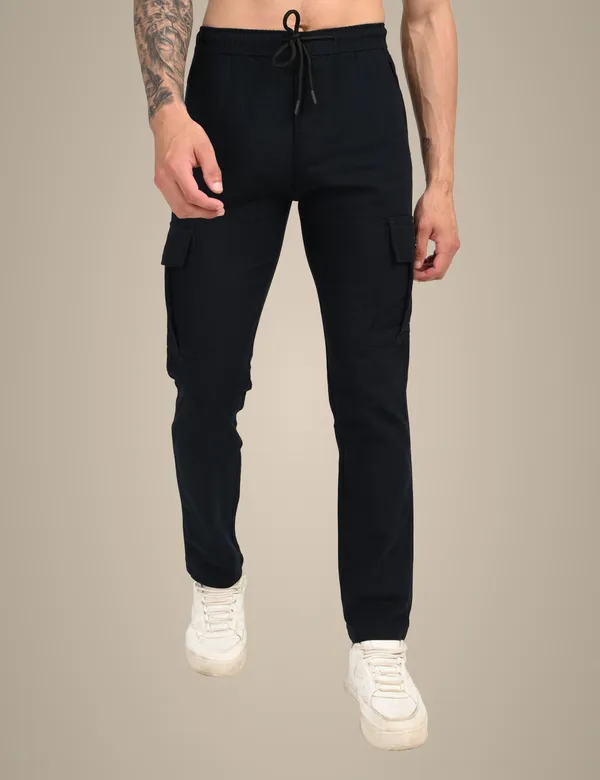 Black_Premium_Linen_Solid_Cargo_For_Men