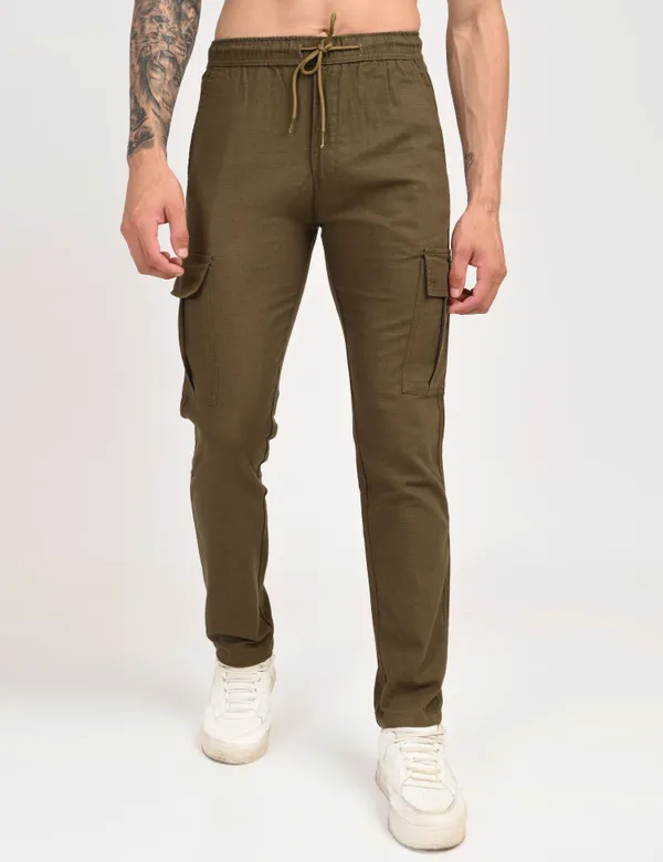Dark_Green_Premium_Linen_Solid_Cargo_For_Men