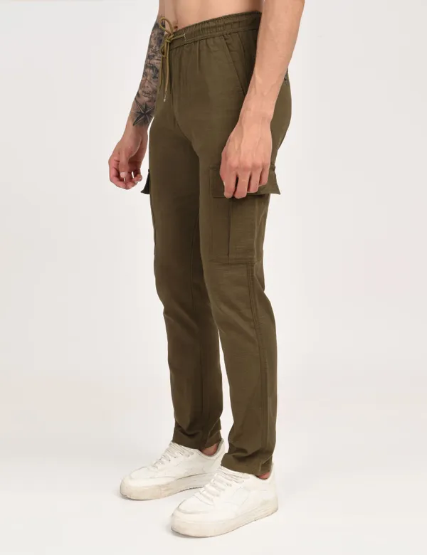 Dark_Green_Premium_Linen_Solid_Cargo_For_Men