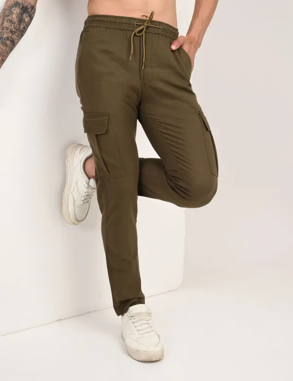 Dark_Green_Premium_Linen_Solid_Cargo_For_Men