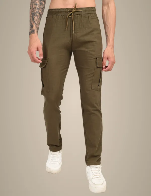 Dark_Green_Premium_Linen_Solid_Cargo_For_Men