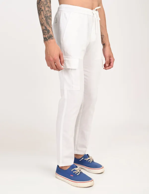 White_Premium_Linen_Solid_Cargo_For_Men